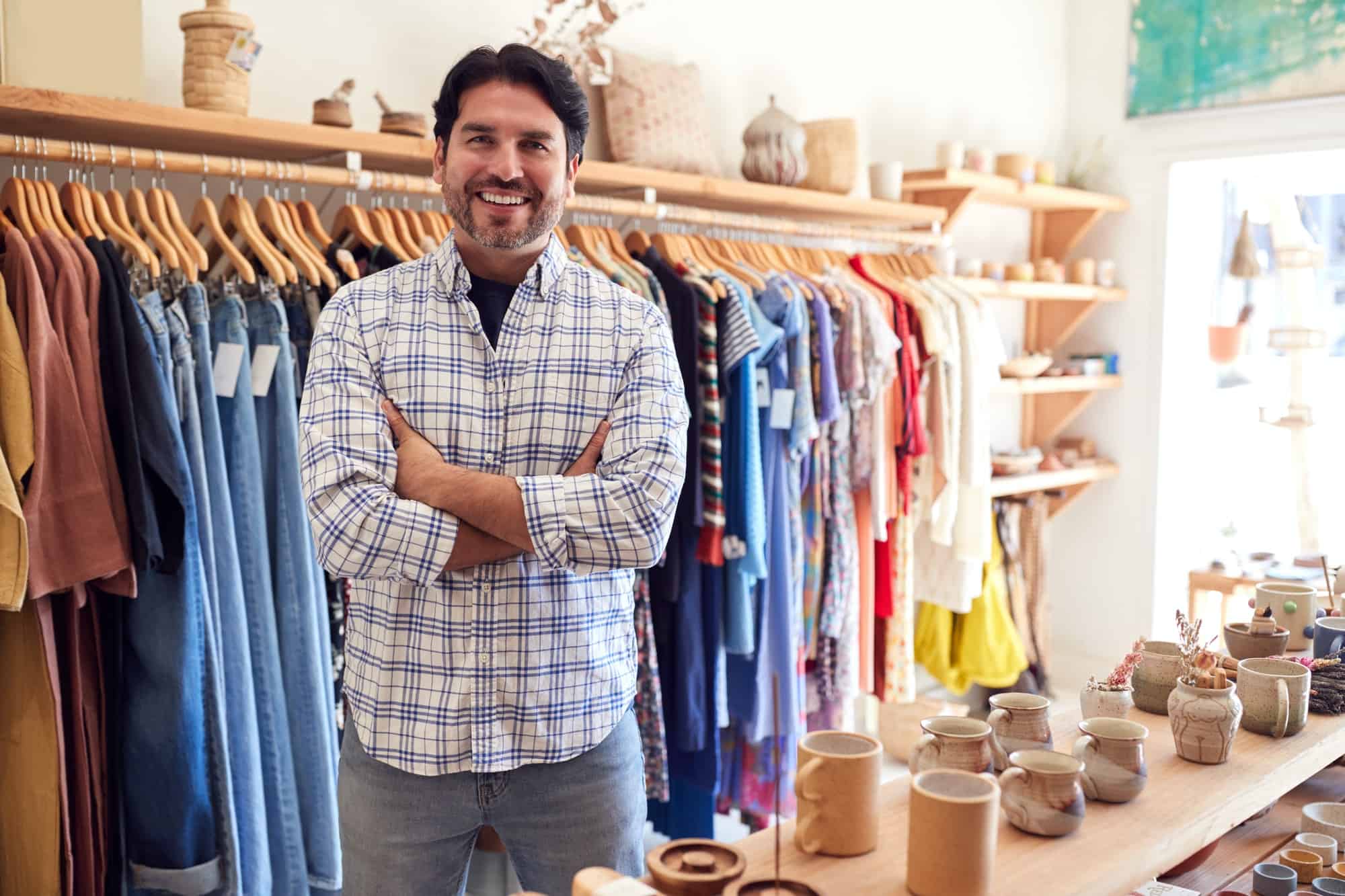 Portrait Of Male Owner Of Fashion Store Standing In Front Of Clothing On Rails